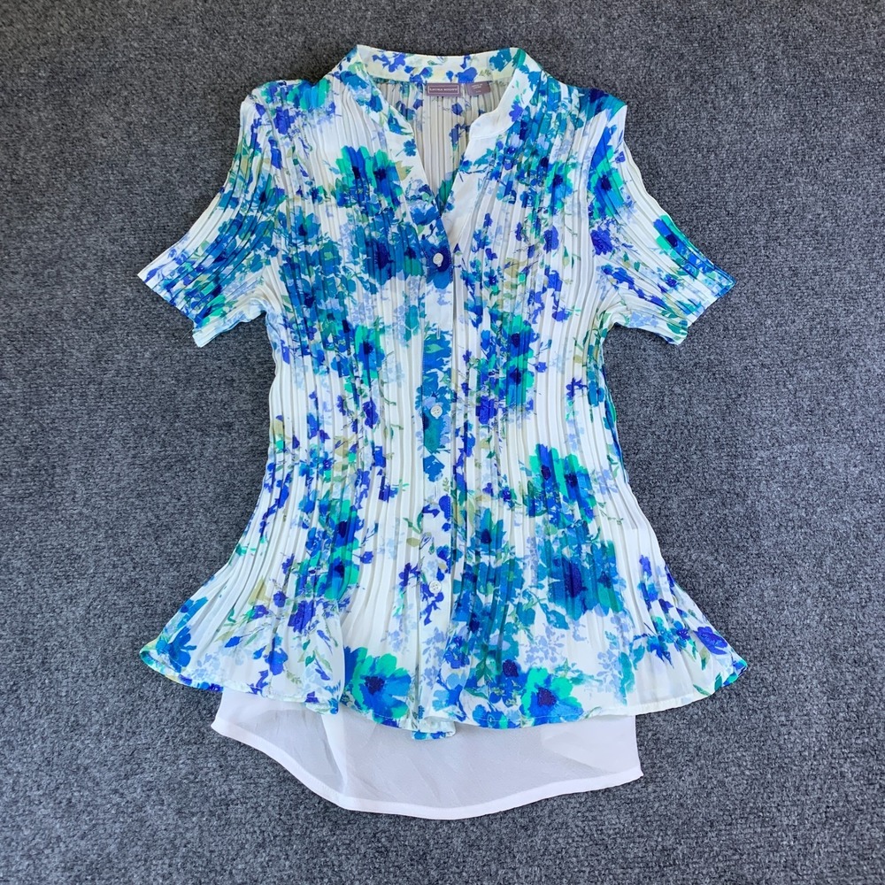 Laura Scott Blouse Top Womens Large Blue White Floral Lined Pleated Short Sleeve
